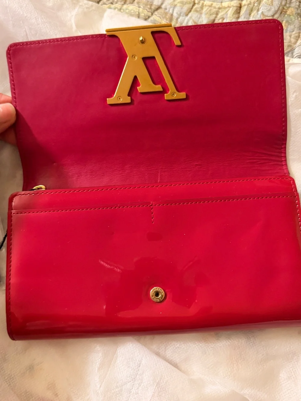Authentic Louis Vuitton Red Vernis Long Wallet Gold LV Logo w/ Dust Bag & COA